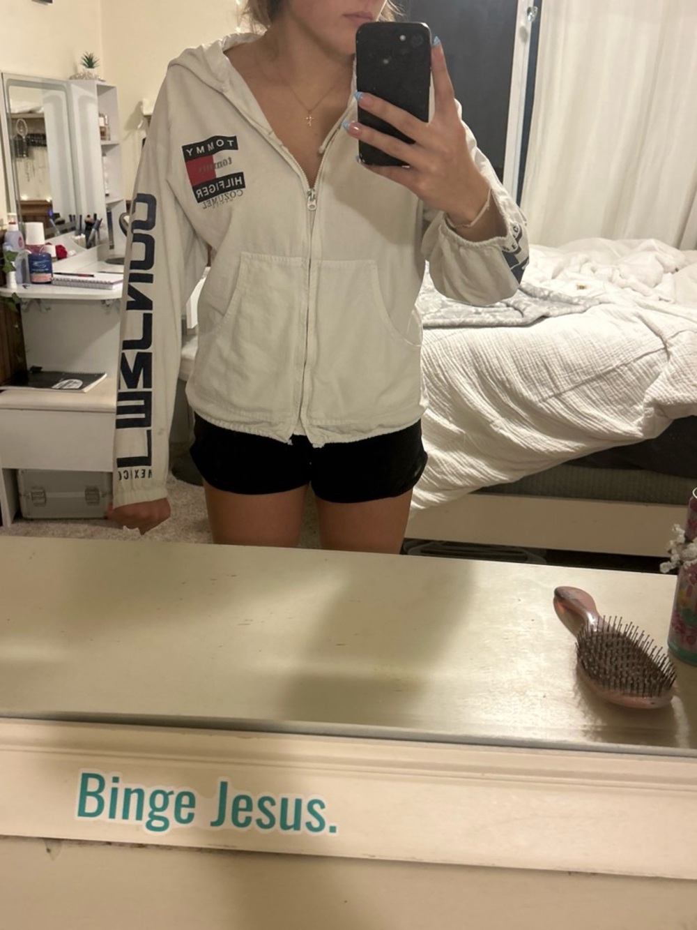 Tommy Hilfiger Cream Zip-Up Hooded Bomber Jacket with Navy Accents